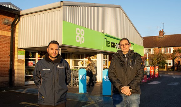 Antonio Taylor and Cllr Helen-Ann Smith outside Co-op in Stanton Hill
