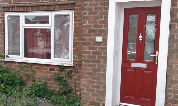 Property closed in Sutton in Ashfield with smashed window and door
