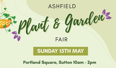 Advertisment/ banner with name, dates and time of ashfield plant and garden show.