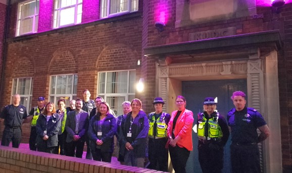 Council officers, Notts Police & Notts Fire & Rescue Service outside Ada Lovelace House in Kirkby 