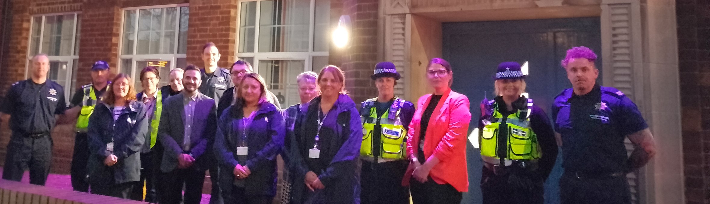 Council officers, Notts Police & Notts Fire & Rescue Service outside Ada Lovelace House in Kirkby 