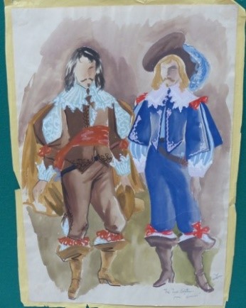 Watercolour painting of cavalier style costumes by designer Carl Toms