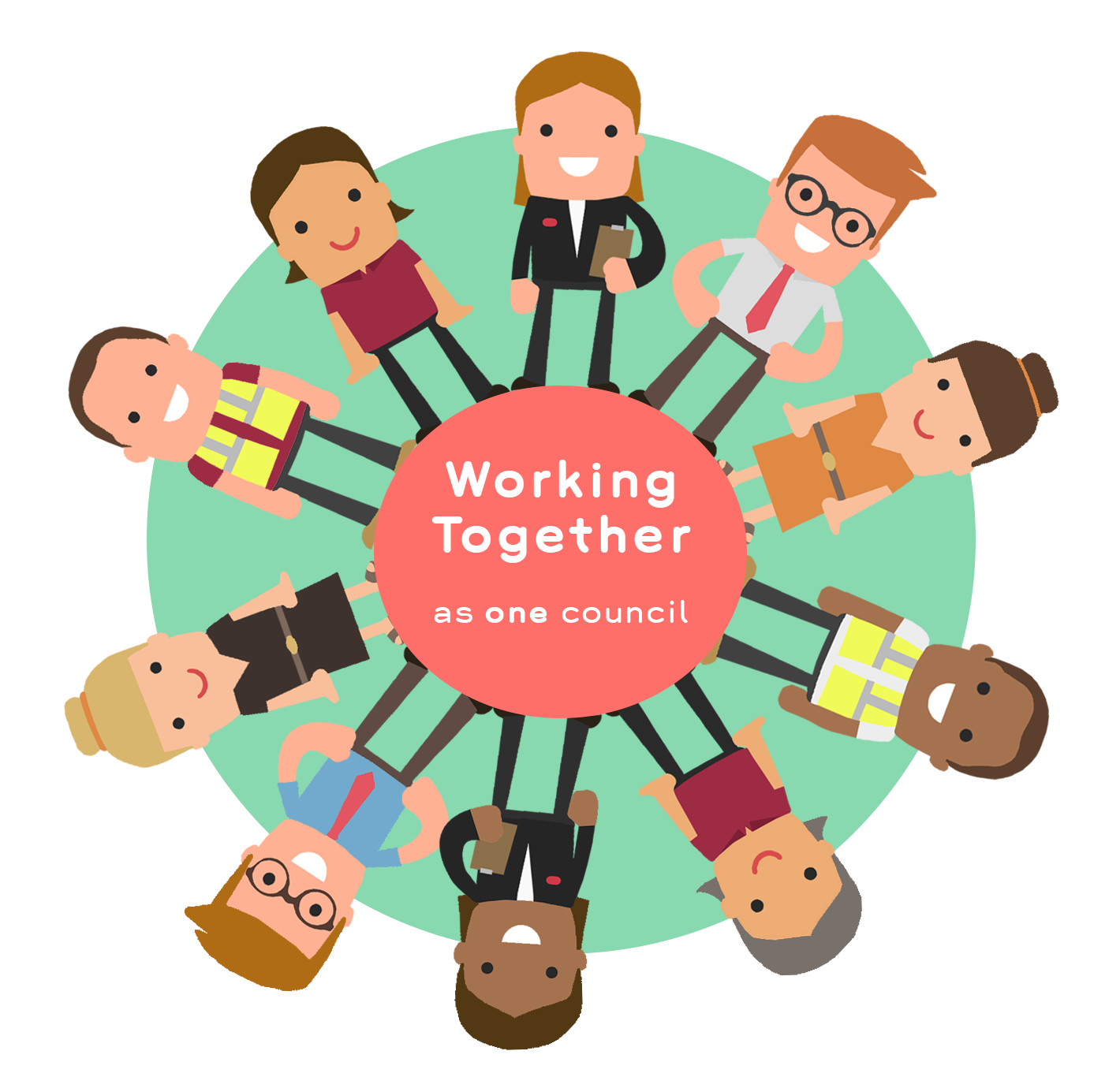 Cartoon style logo with people in a circle around the words Working Together as one council