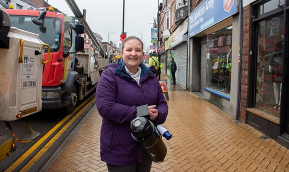 Cllr Samantha Deakin with a CCTV camera on Outram Street