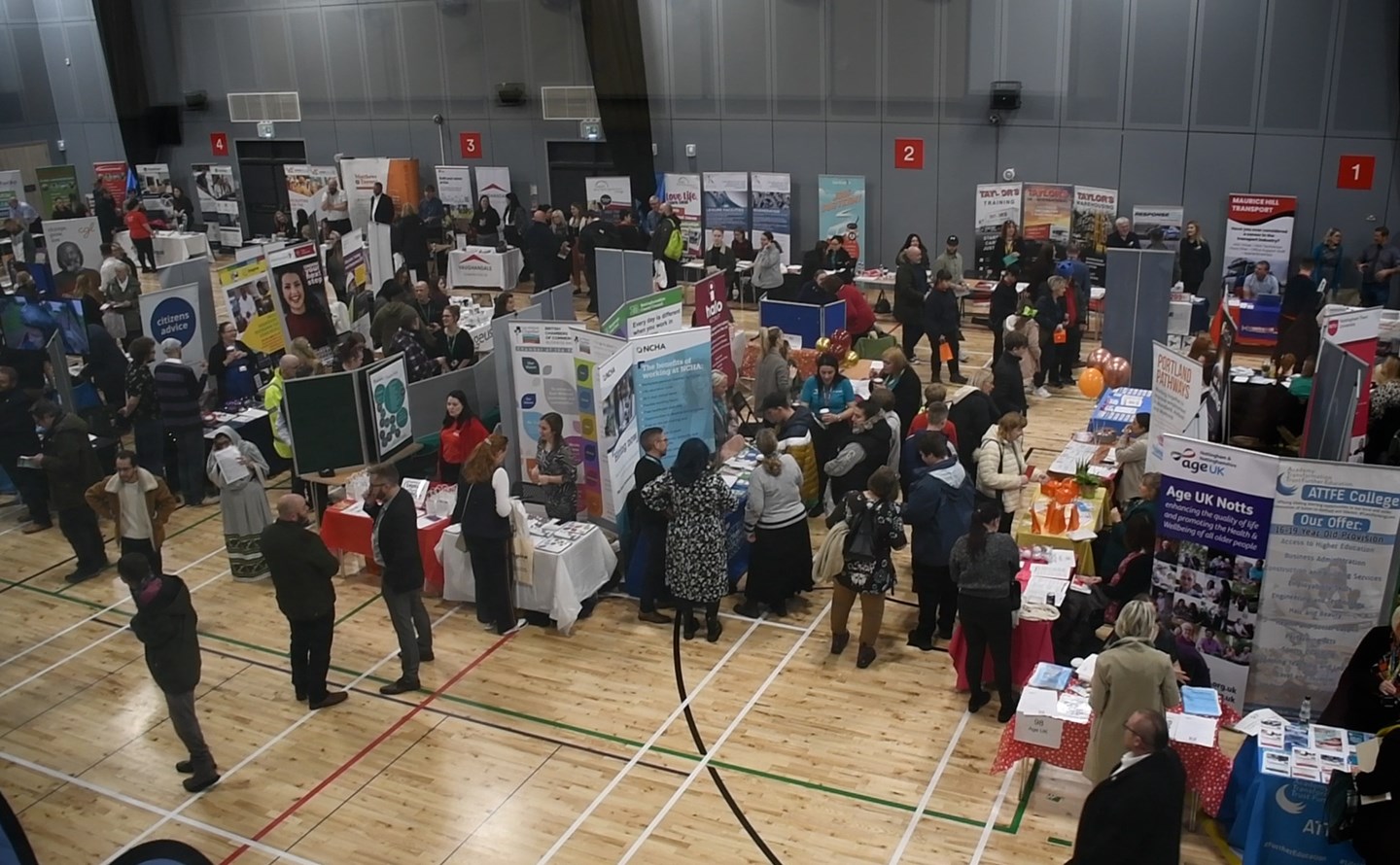 Photo looking over the whole 2022 Careers fair at Kirkby Leisure Centre 