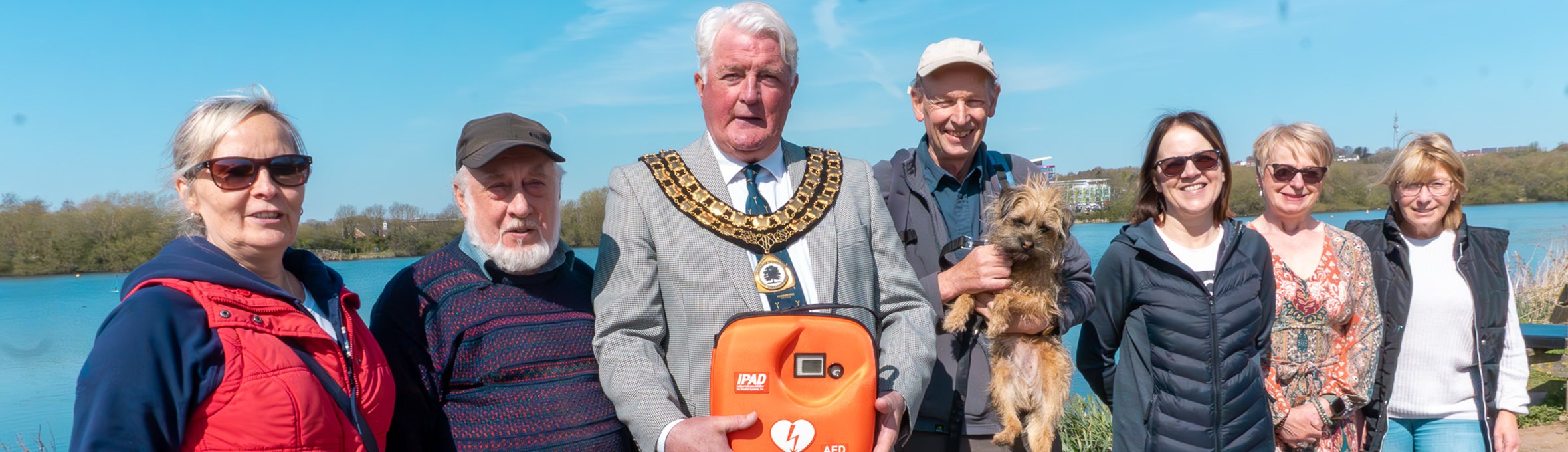 Sutton Ramblers' members pictured in April with then ADC chair Arnie Hankin and their defibrillator