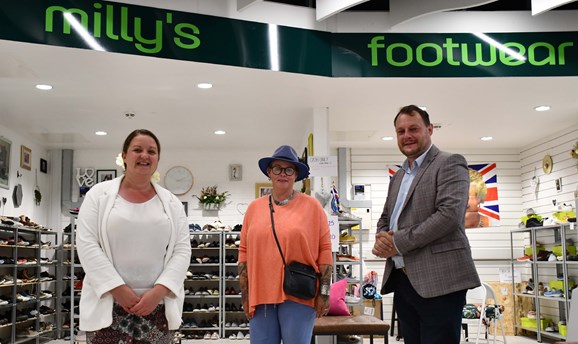 Cllr Jason Zedrozny and Sam Deakin welcoming Milly's Footwear at the new market stall