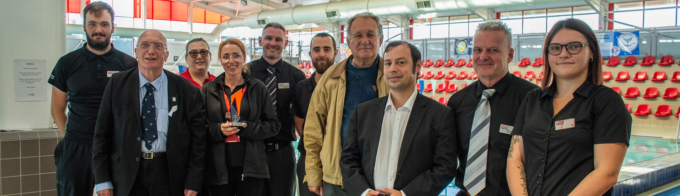 EveryoneActive Staff and Ashfield councillors celebrate the Hucknall Leisure Centre Award