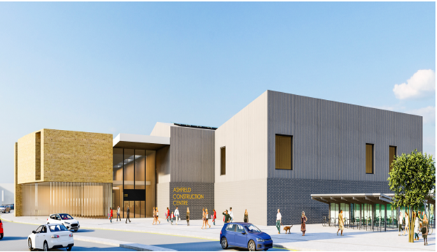 Artists impression of Ashfield Contruction Centre - People entering the centre, cars on the road