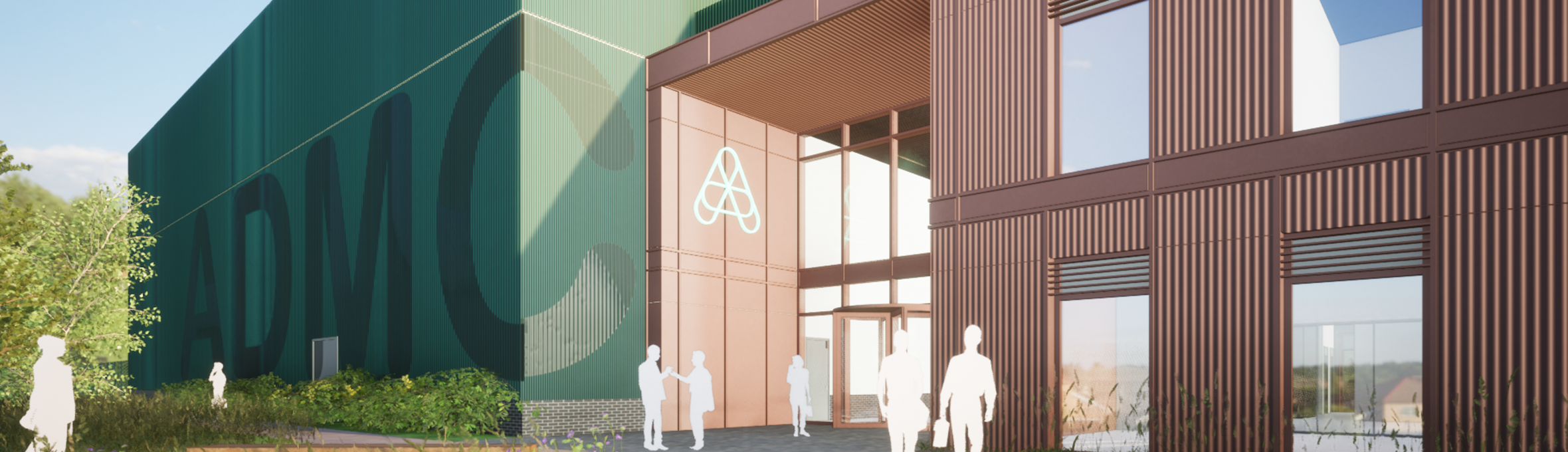 Artist impression of the ADMC it has a green cladded building with a timber cladded building