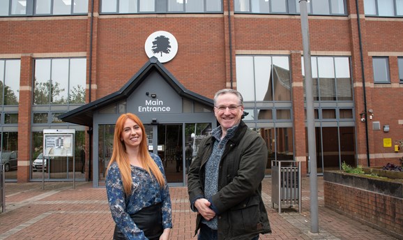 Gabi Binnie with Cllr Matthew Relf stood outside the council offices in Kirkby
