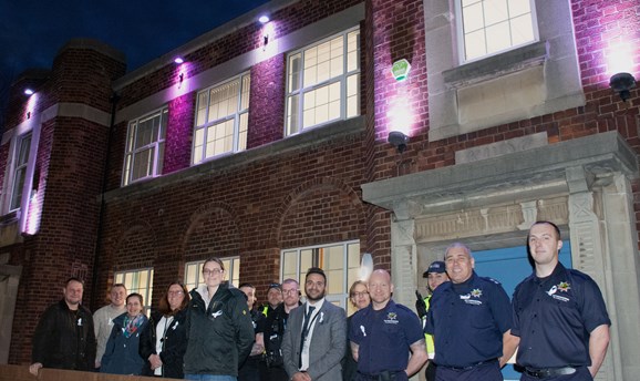 Council officers, Fire officers outside Ada Lovelace House 