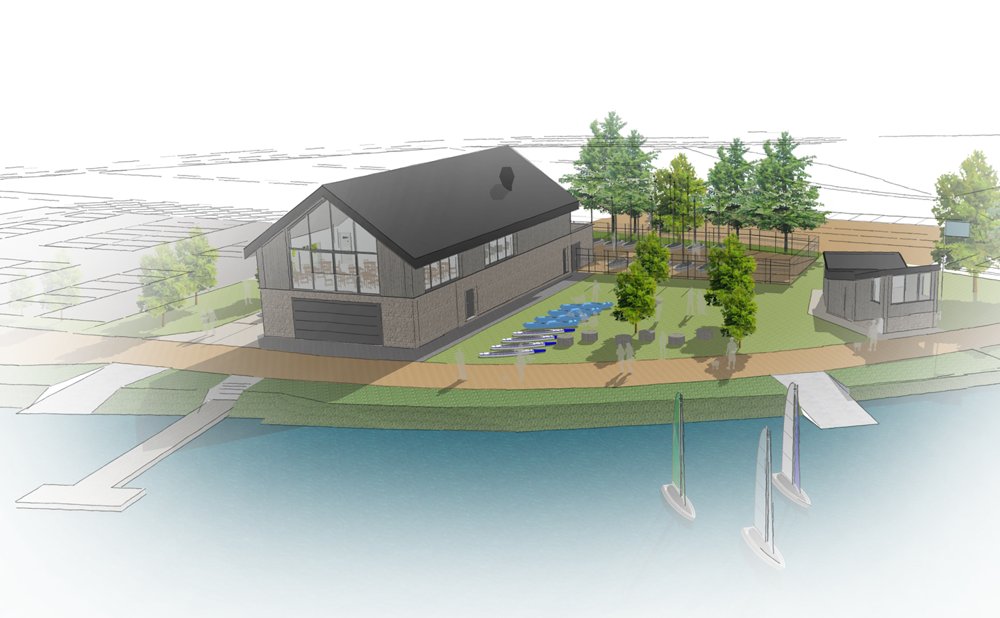 Artist's impressions of a new two storey building on the waters edge with trees and big windows
