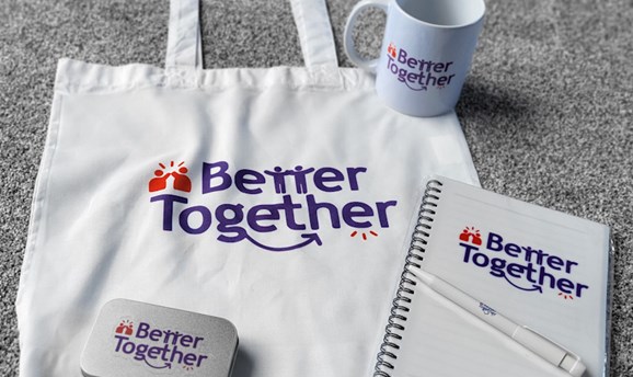 Better together branded bag, mug. pen and notebook