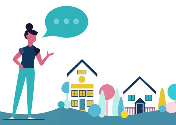 Graphic of a woman talking, surrounded by houses