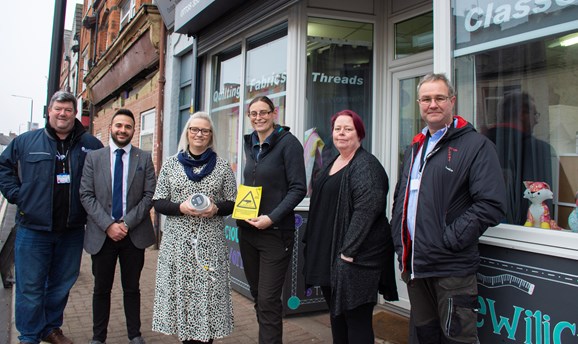 Cllr Helen-Ann Smith with others outside Sewilicious Fabrics on Outram Street