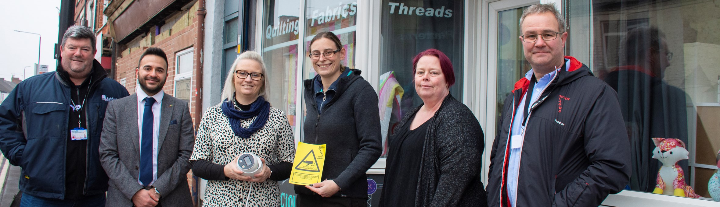 Cllr Helen-Ann Smith with others outside Sewilicious Fabrics on Outram Street