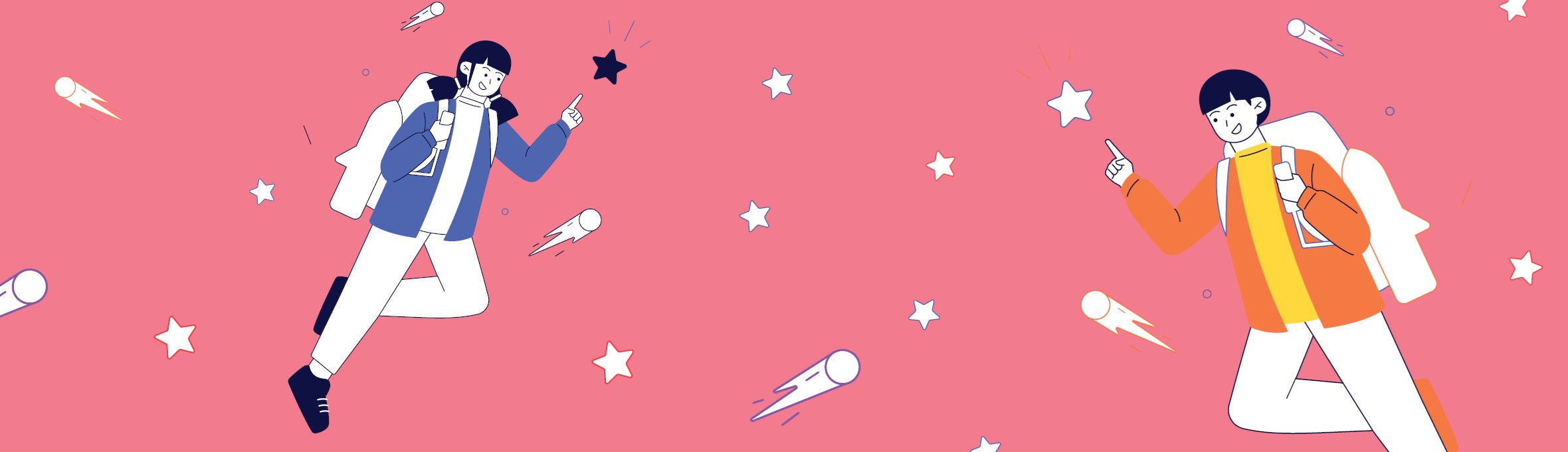 2 people on a pink background, wearing rocket packs.