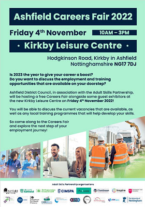 Ashfield Careers Fair 4 November 2022, Kirkby Leisure Centre - poster